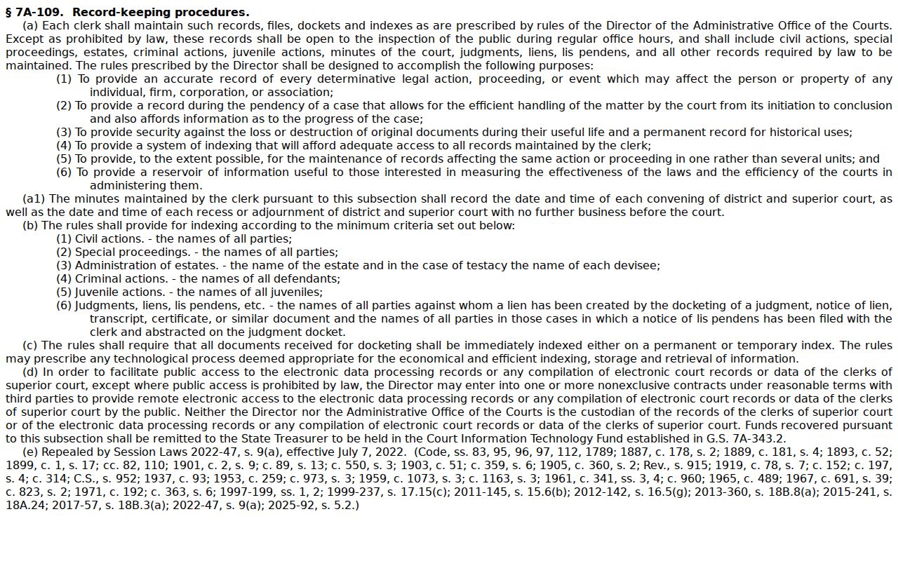 North Carolina statute source on clerk-maintained court records