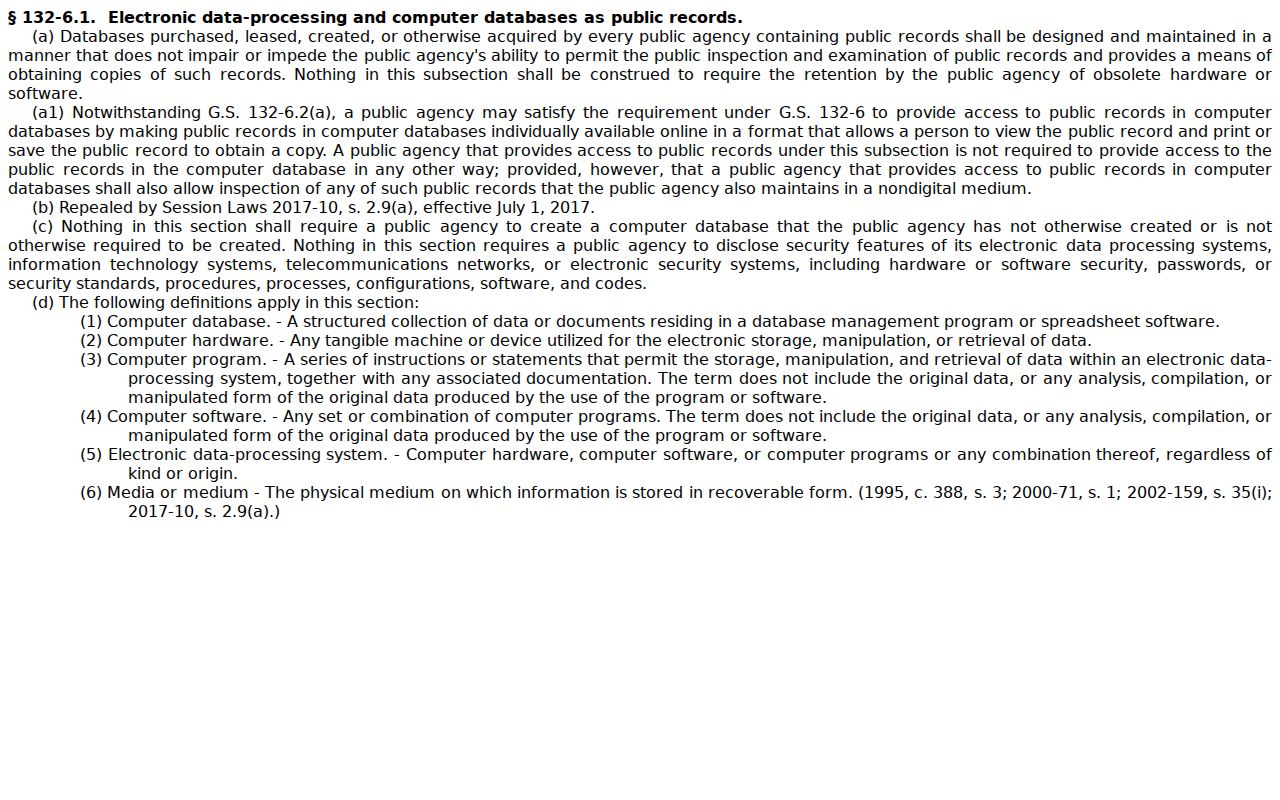 North Carolina electronic public-record access statute source
