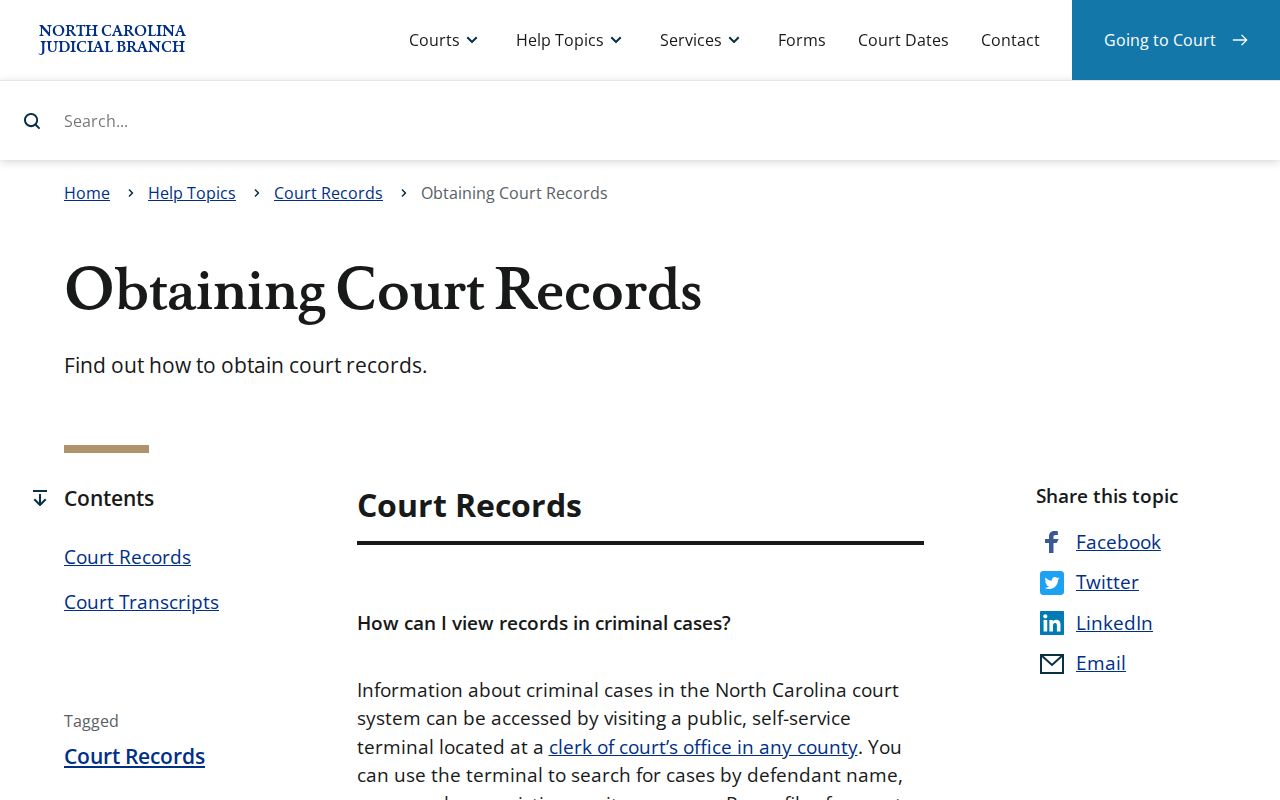 North Carolina guidance for obtaining court records through the clerk