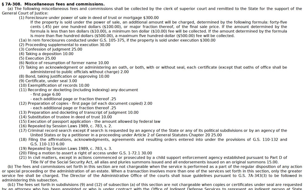 North Carolina clerk copy and certification fee statute source