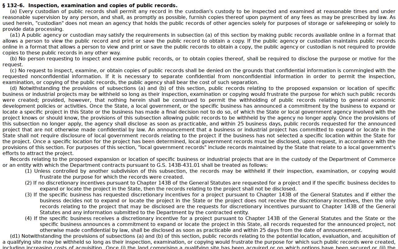 North Carolina public-record inspection and copying statute source