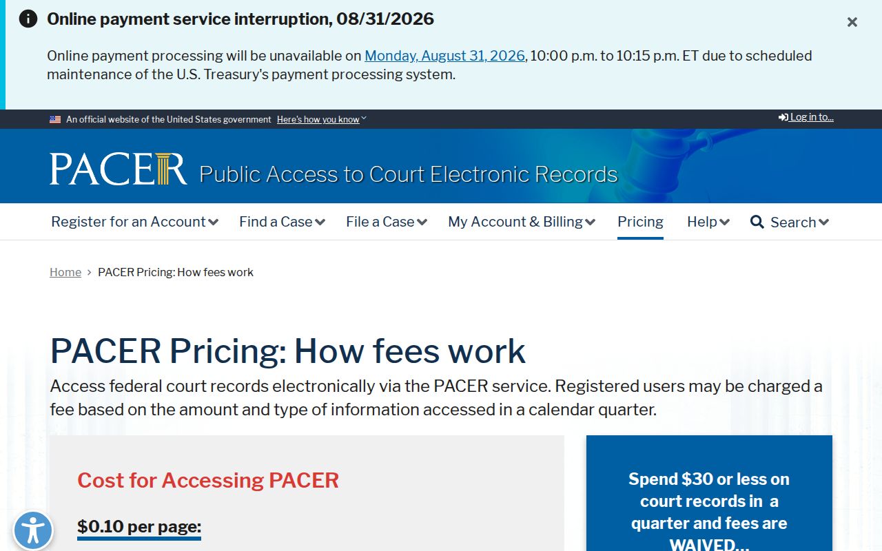 PACER federal docket pricing information source