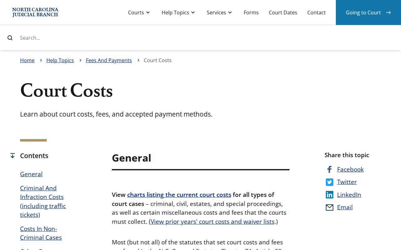 North Carolina court costs guidance source