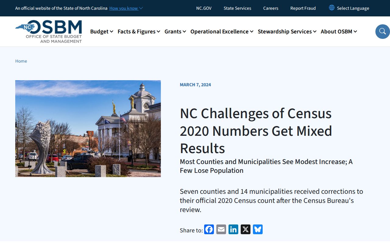North Carolina OSBM Census correction source for Tryon population